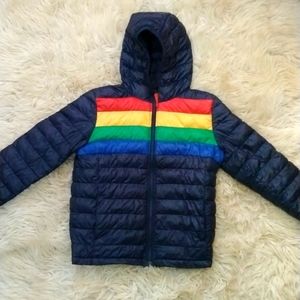 Primary Kids Puffer Jacket Navy in Rainbow Stripe Size 10 Kids